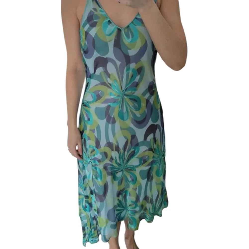 Planet UK Silk Slip Dress Green/Blue Mermaid Floral Size 14 - Picture 2 of 16